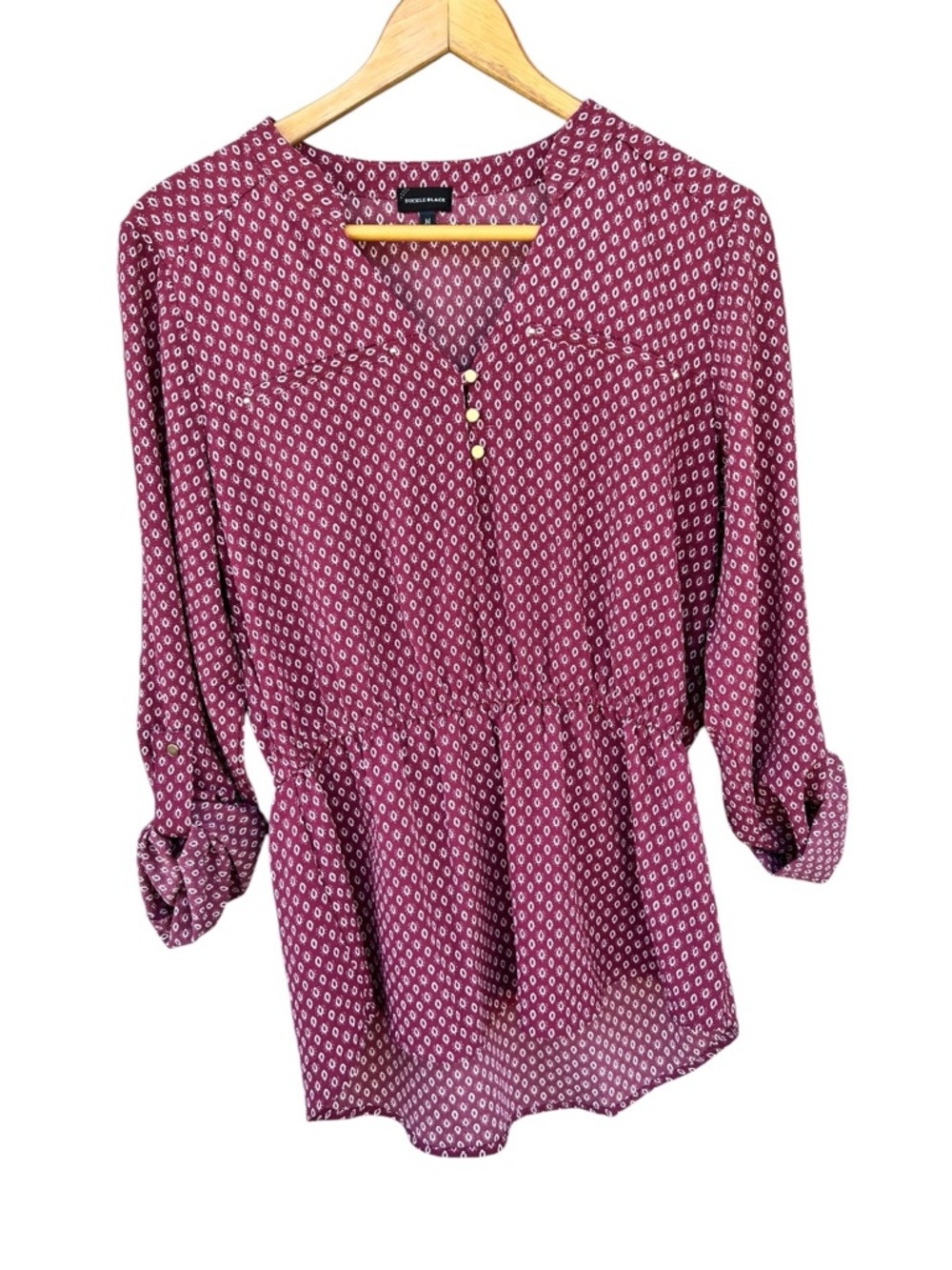Women’s Buckle Black Maroon Peplum Henley Blouse - Size Medium.